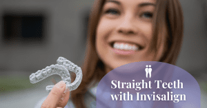 Woman Holding Clear Aligners Straight Teeth with Invisalign